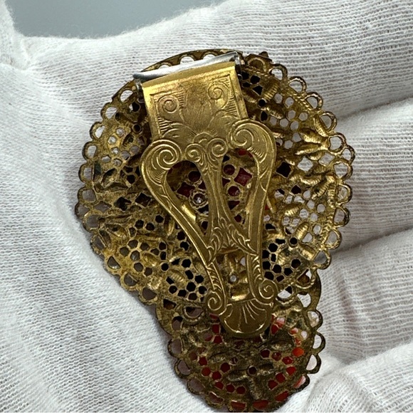 Antique Scarf Clip/brooch Celluloid Coral and Brass #414 - Picture 4 of 7